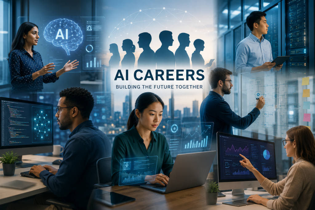 Professionals exploring career opportunities in artificial intelligence with digital technology, data visualizations, and AI-powered workplace tools.