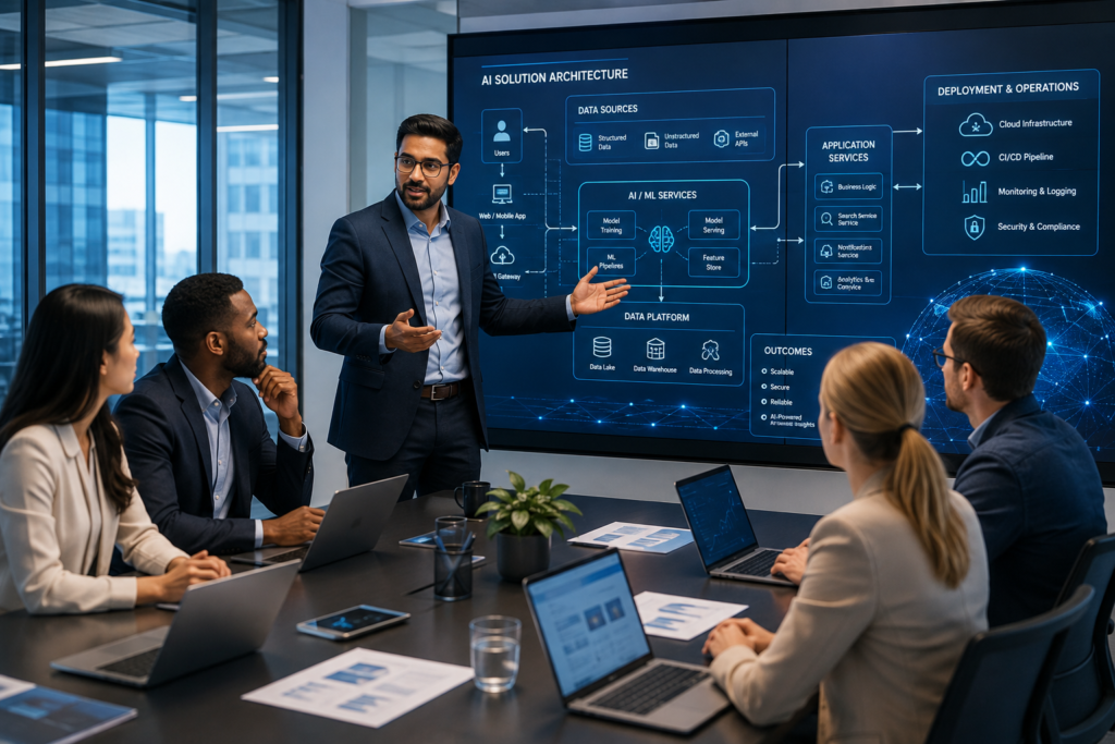 AI Solutions Architect presenting an enterprise artificial intelligence system architecture to a collaborative technology team.