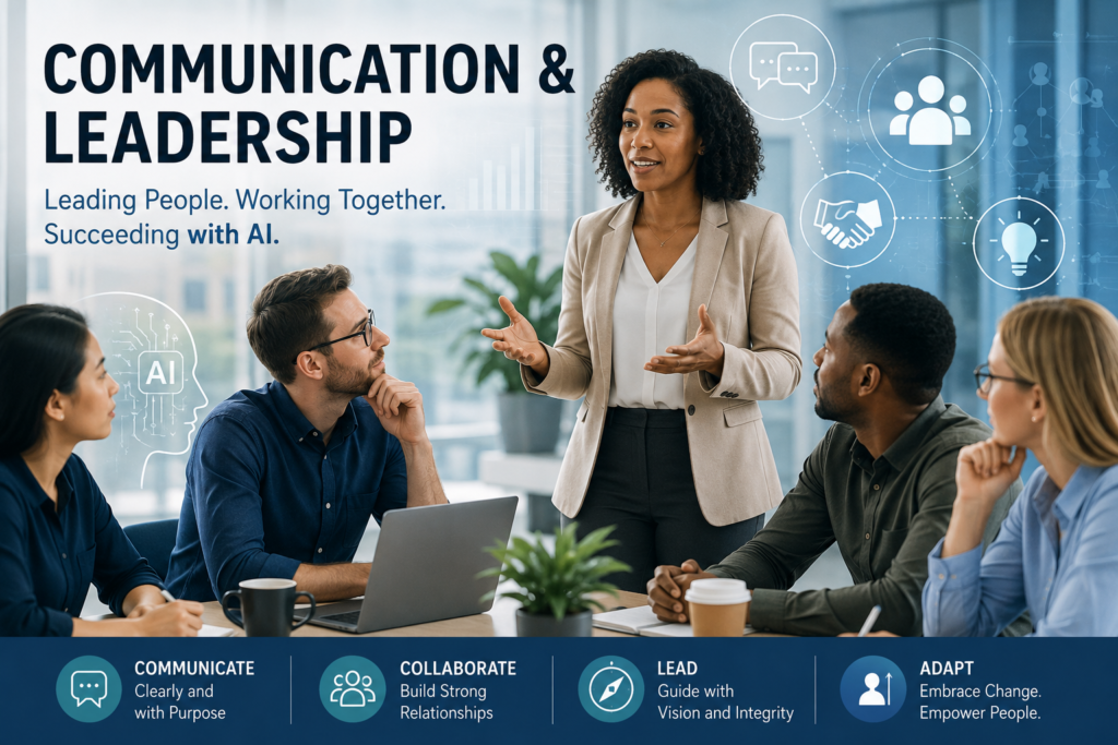 Communication & Leadership in the age of AI with professionals collaborating in the workplace
