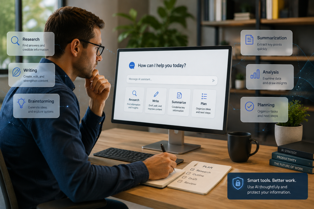 Professional using an AI assistant for research, writing, analysis, brainstorming, and everyday productivity.