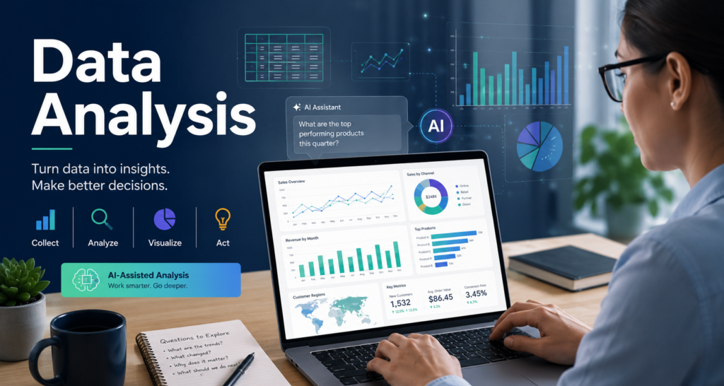 Data Analysis guide showing AI-assisted charts, dashboards, and business insights