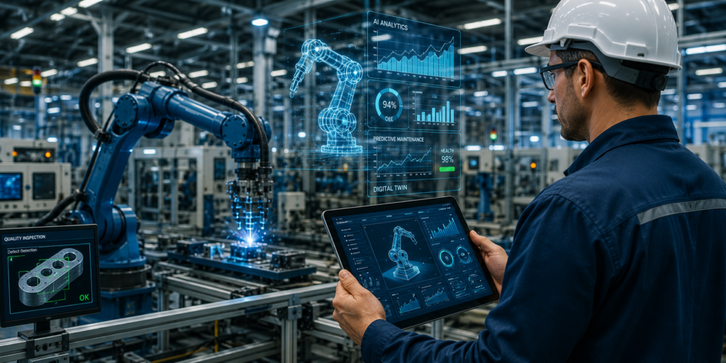 AI in Engineering and Manufacturing professional monitoring robotics, automation, and smart factory systems