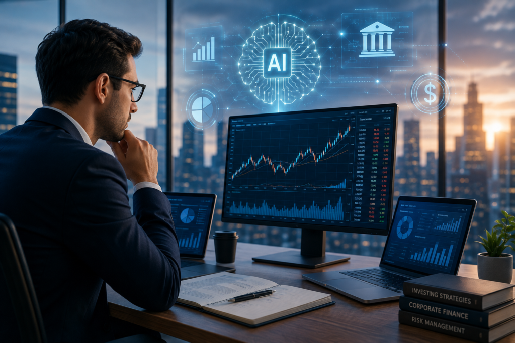 AI in Finance professional analyzing investment markets and financial data with artificial intelligence