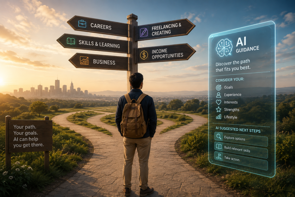 Professional choosing an AI career path among careers, skills, business, freelancing, and income opportunities with AI guidance.