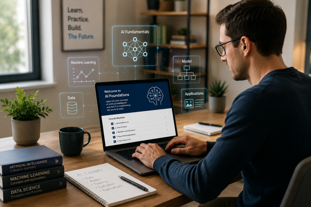 Professional learning AI fundamentals through an online course and applying artificial intelligence concepts to work.