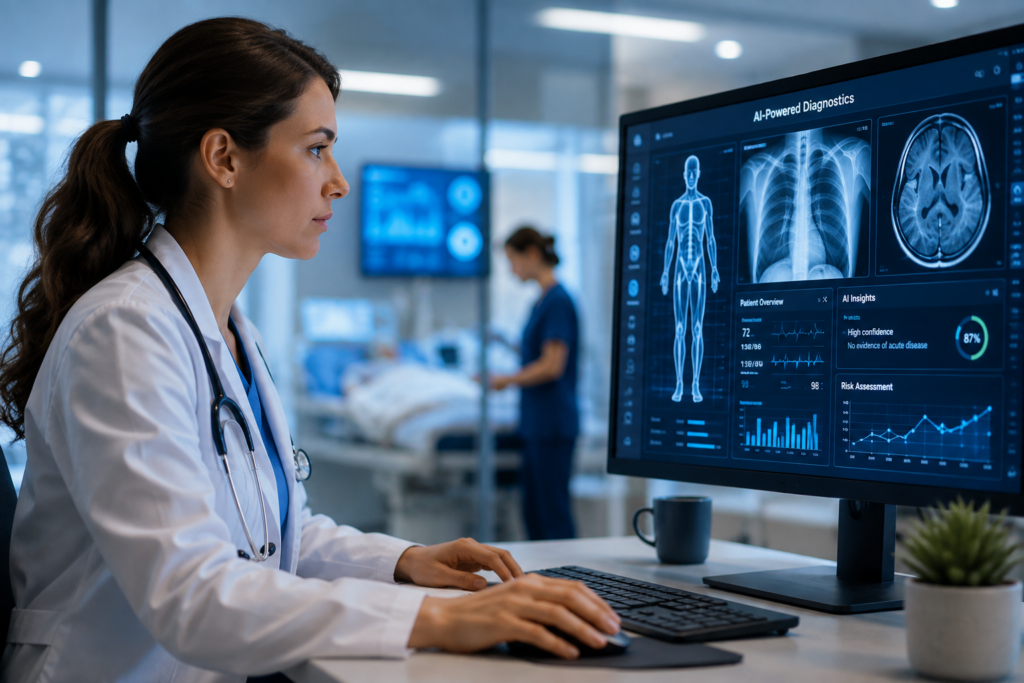 AI in Healthcare professional reviewing medical imaging and patient data with artificial intelligence