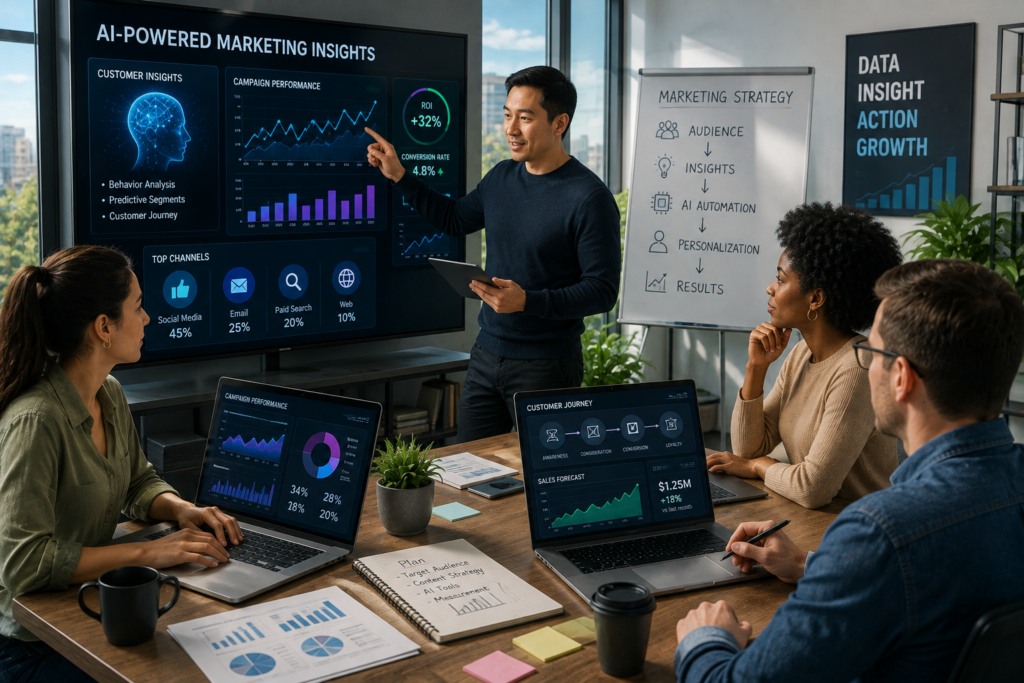 Marketing professional using AI for marketing and sales to analyze customer insights, campaign performance, content, and sales opportunities.