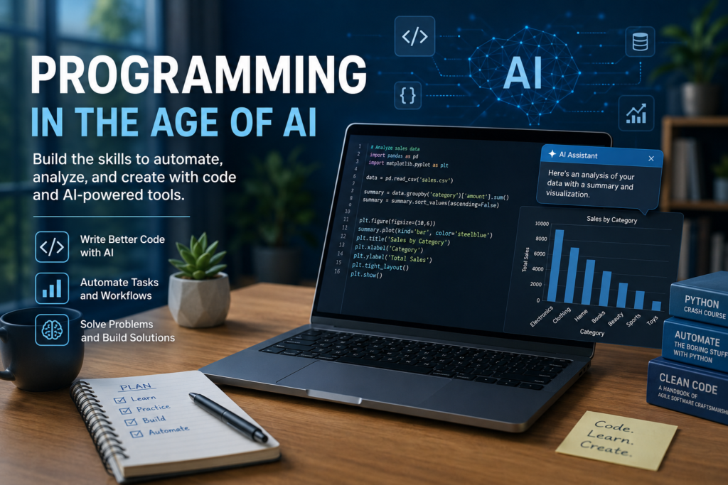 Programming in the age of AI guide showing Python code, data analysis, automation, and AI-assisted development