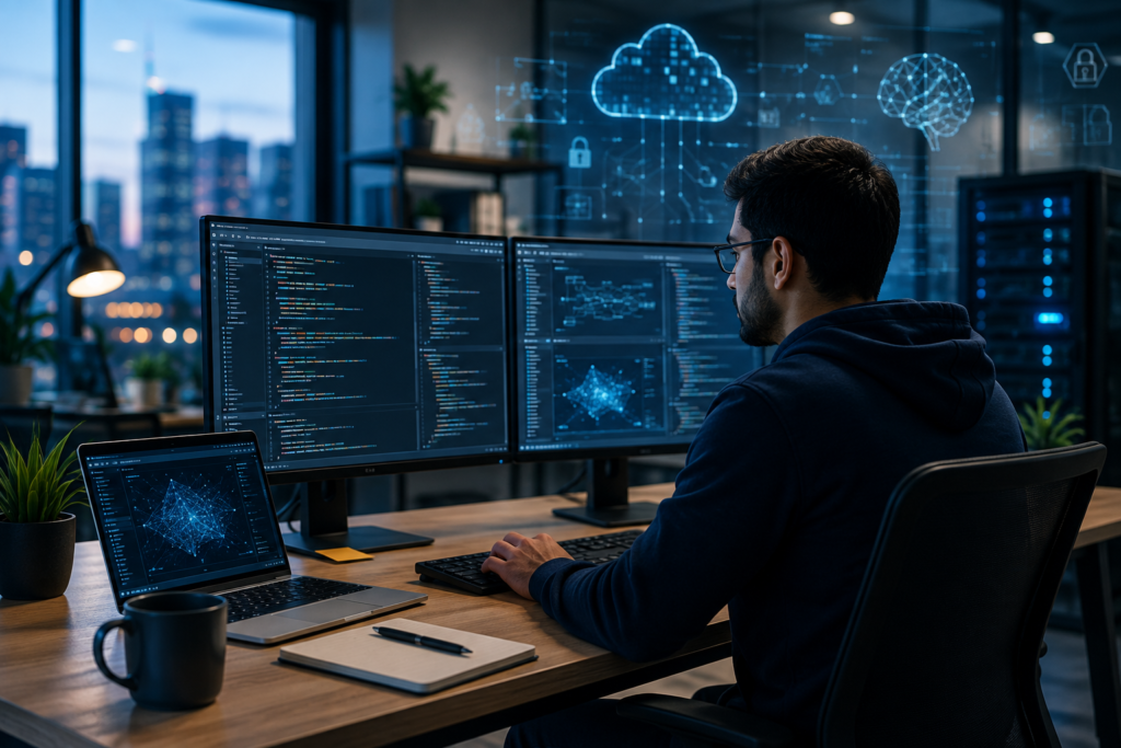 AI in Software and Technology professional working with code, cloud computing, cybersecurity, and artificial intelligence systems