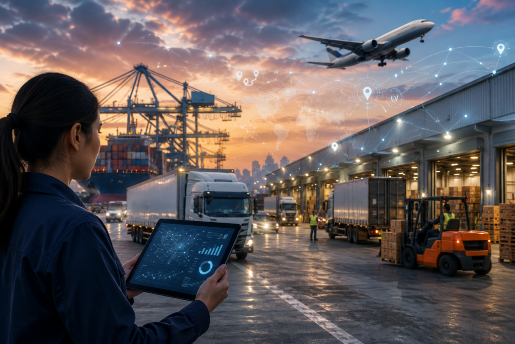 AI in Transportation and Logistics professional monitoring trucks, warehouse operations, shipping, and supply chain data