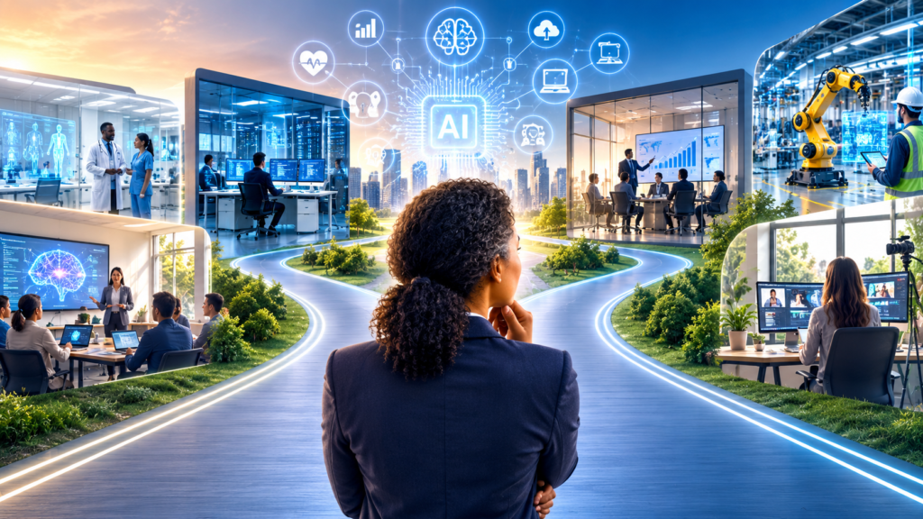 AI career change with a professional exploring paths in healthcare, technology, business, manufacturing, and digital work