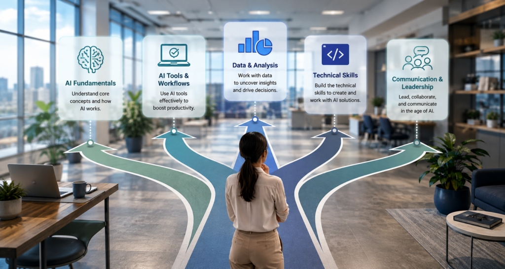 AI skills path showing a professional choosing among AI fundamentals, AI workflows, data analysis, technical skills, and communication and leadership.