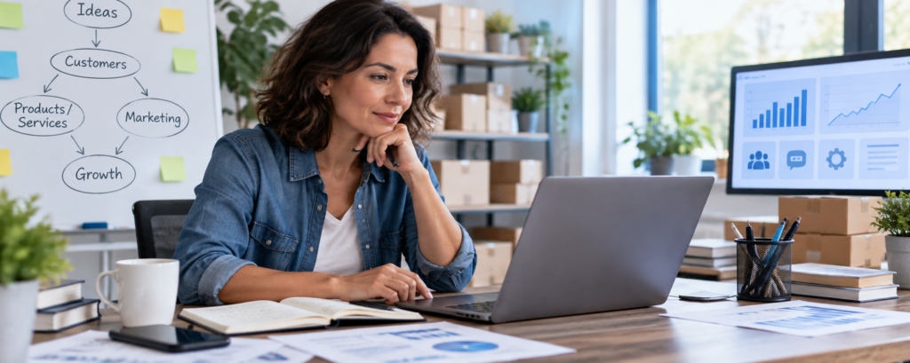 AI for small business with an entrepreneur evaluating customers, marketing, products, services, and business growth