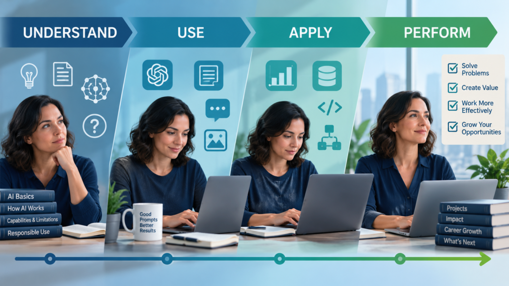 Professional progressing through four stages of learning AI skills from understanding to professional application
