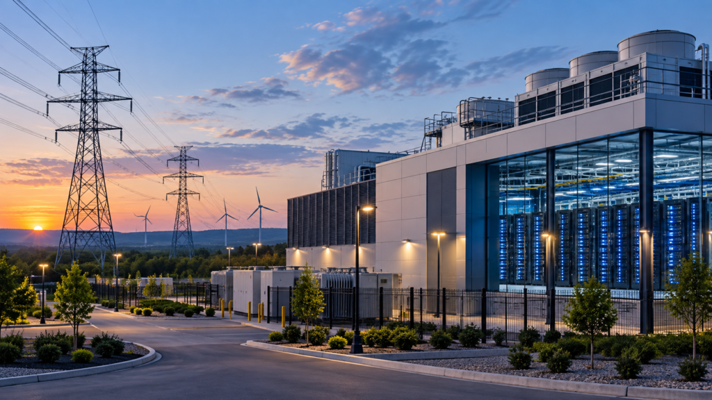 AI data center connected to electrical transmission infrastructure and renewable energy