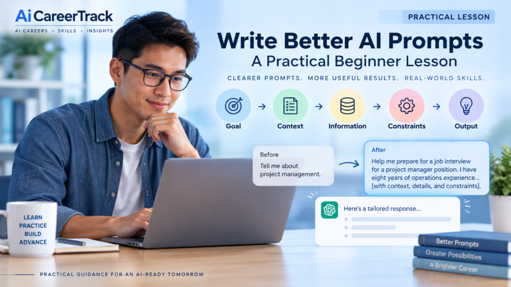 Professional using a five-step framework to write better AI prompts using goal, context, information, constraints and output
