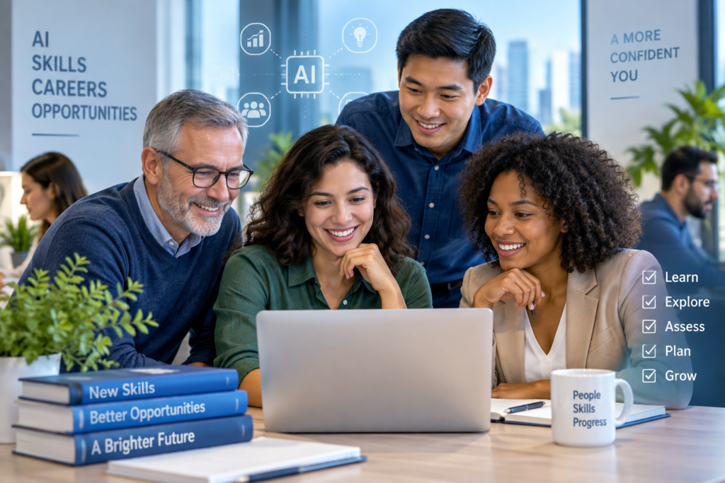 Professionals completing an AI readiness self-assessment and discussing AI skills in a modern workplace