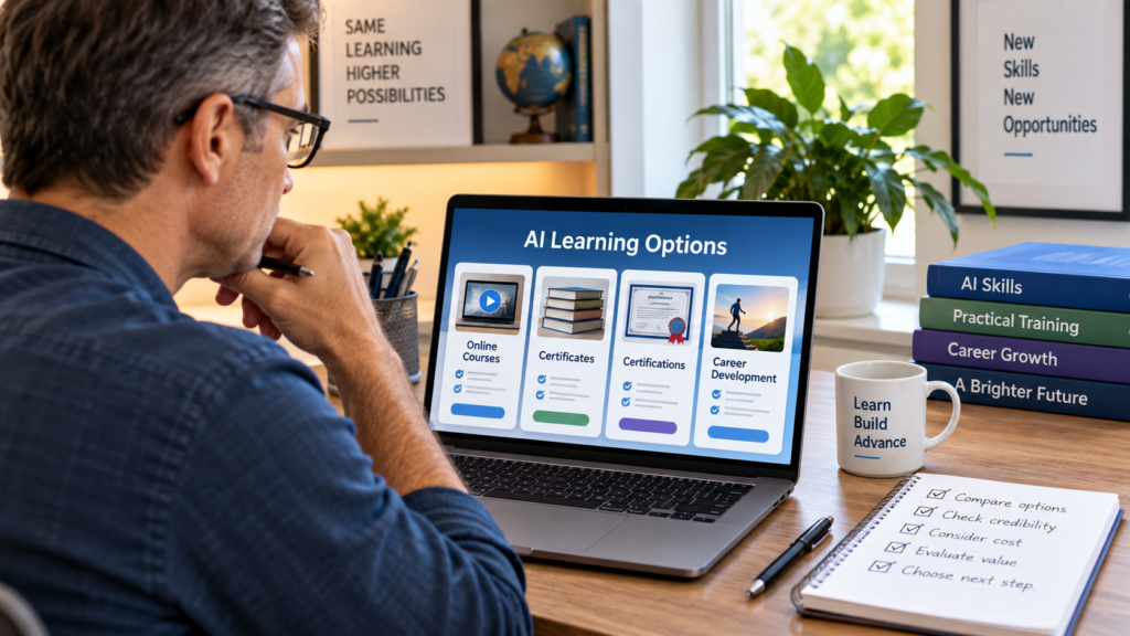 Professional comparing AI courses, certificates and certifications to choose the right AI training