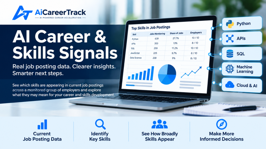 AI career skills signals dashboard showing job posting data, Python, SQL, APIs, and machine learning skills