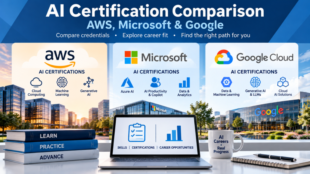 AI certification comparison of AWS, Microsoft, and Google Cloud, showing cloud computing, machine learning, and AI career skills.